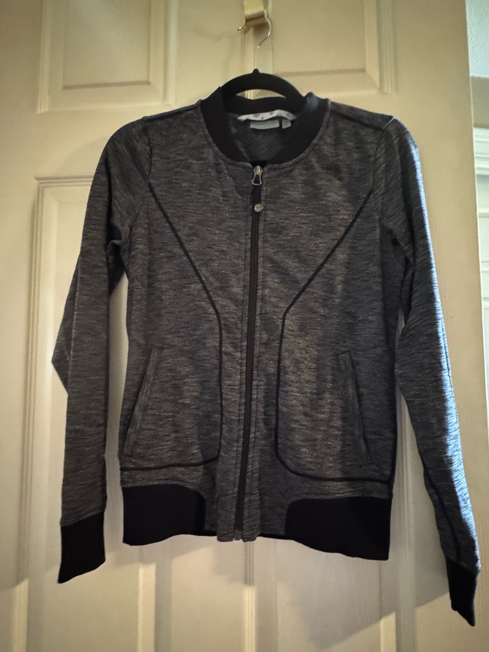 Athleta Heather Gray Full-Zip Bomber Jacket with Black Trim and Wrist Cuffs